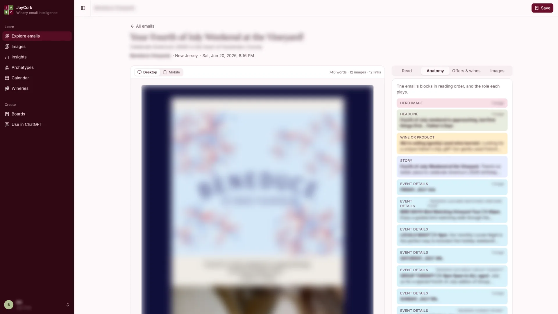 An email open beside its anatomy: the sections it is built from, in reading order, labelled hero image, headline, wine or product, story and event details.