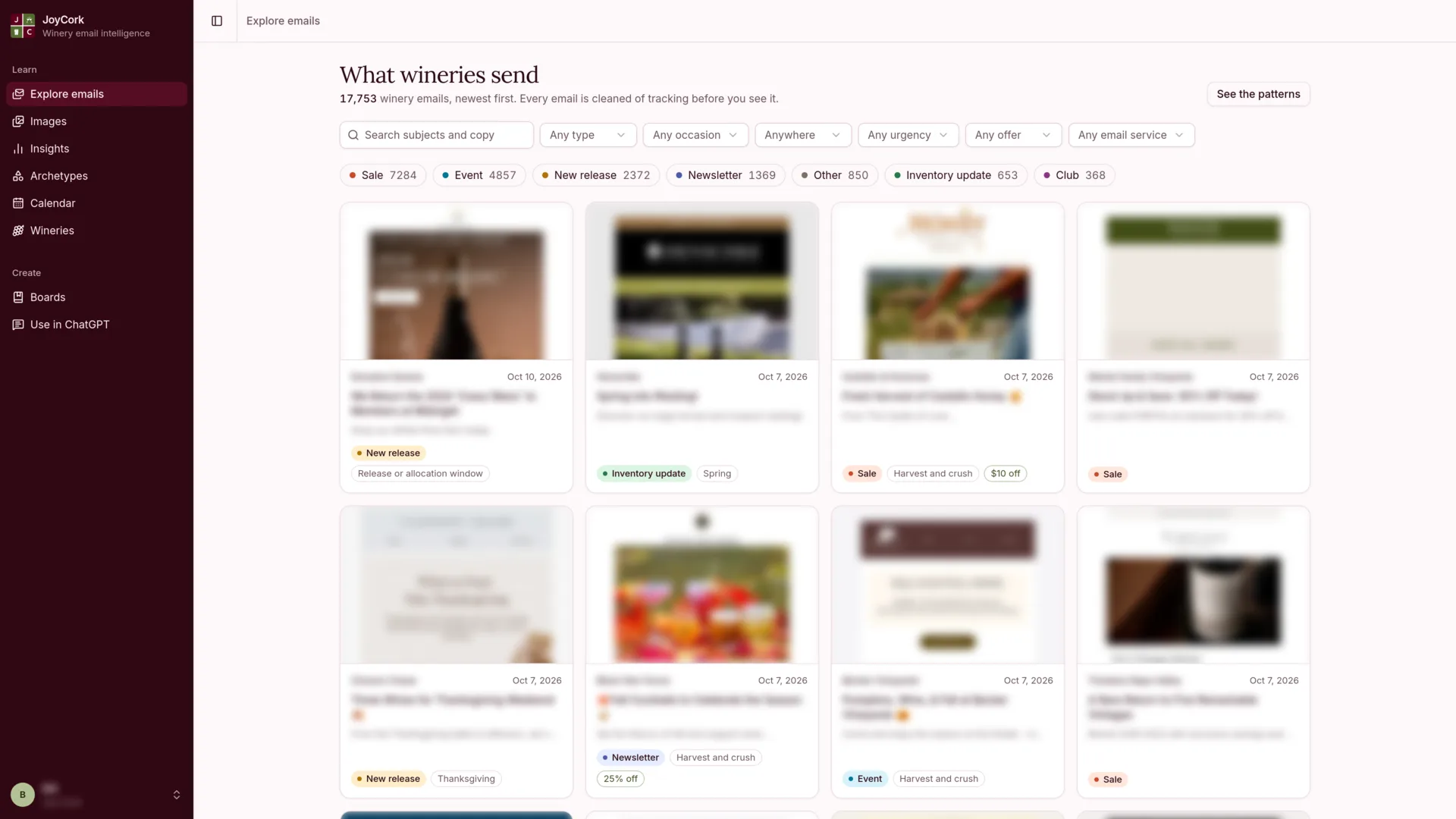 The Explore screen: a grid of winery emails with filters for type, occasion, region, urgency and offer, and each email labelled as a sale, event, new release or newsletter.