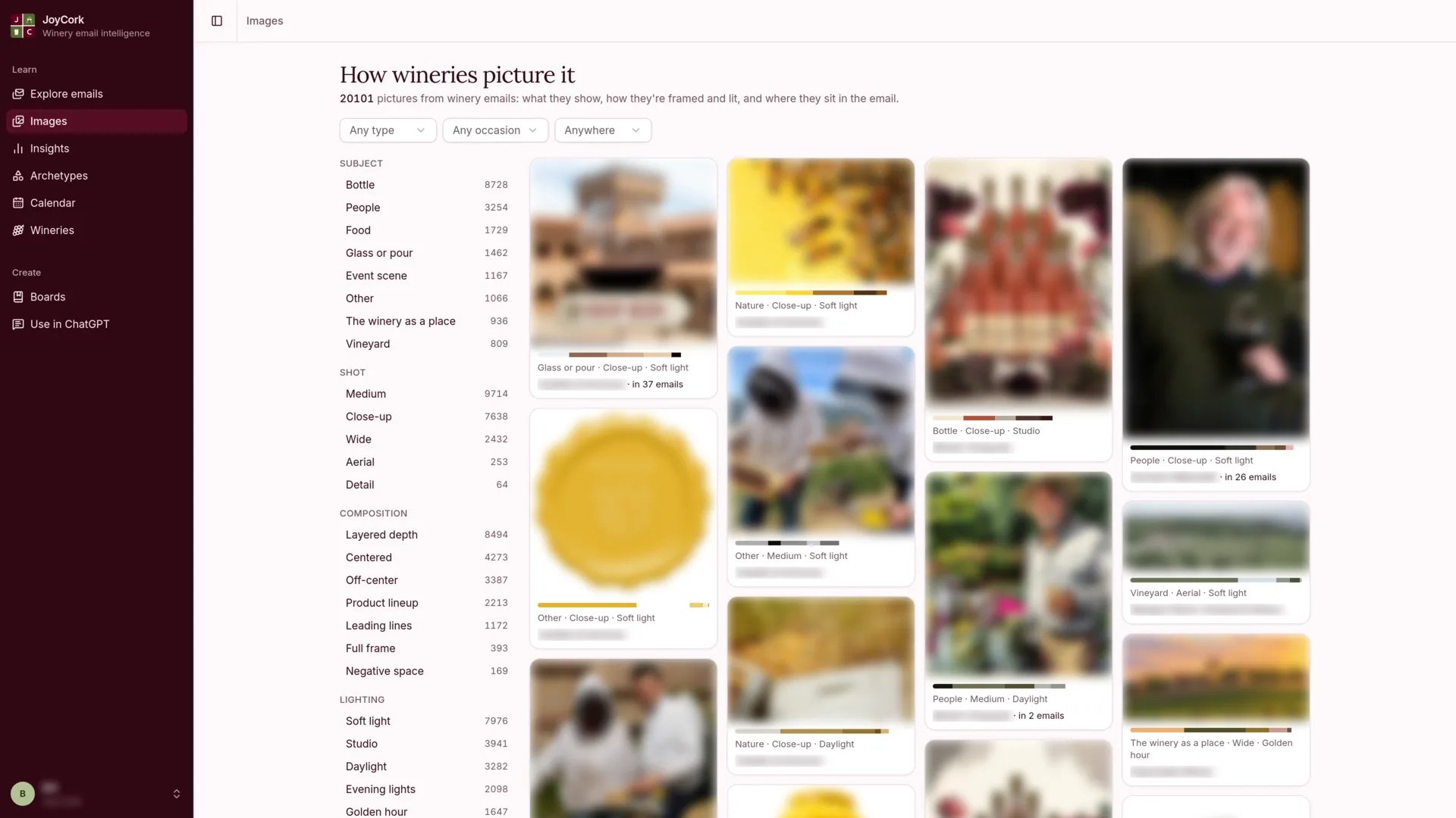 The Images screen: winery email photography with filters for subject, shot, composition and lighting.